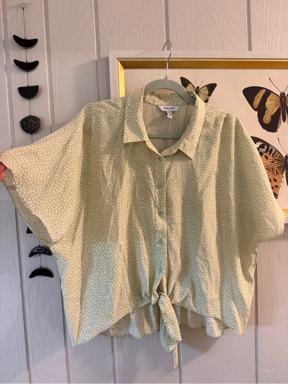 Nine West Pale Green Polka Dot Tie-Front Button Down Shirt - Picture 3 of 6